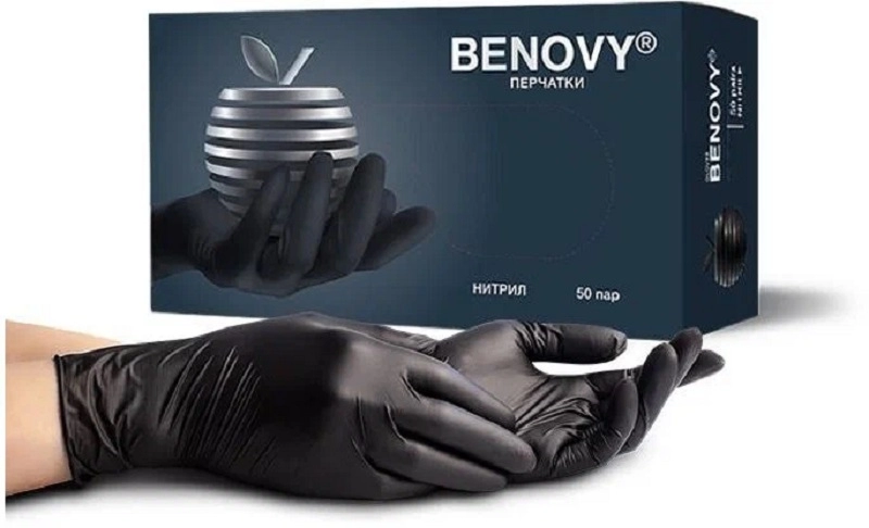 Перчатки нитриловые "L" BENOVY нестерильные уп. 100 шт (50 пар) ЧЕРНЫЕ  Салоны