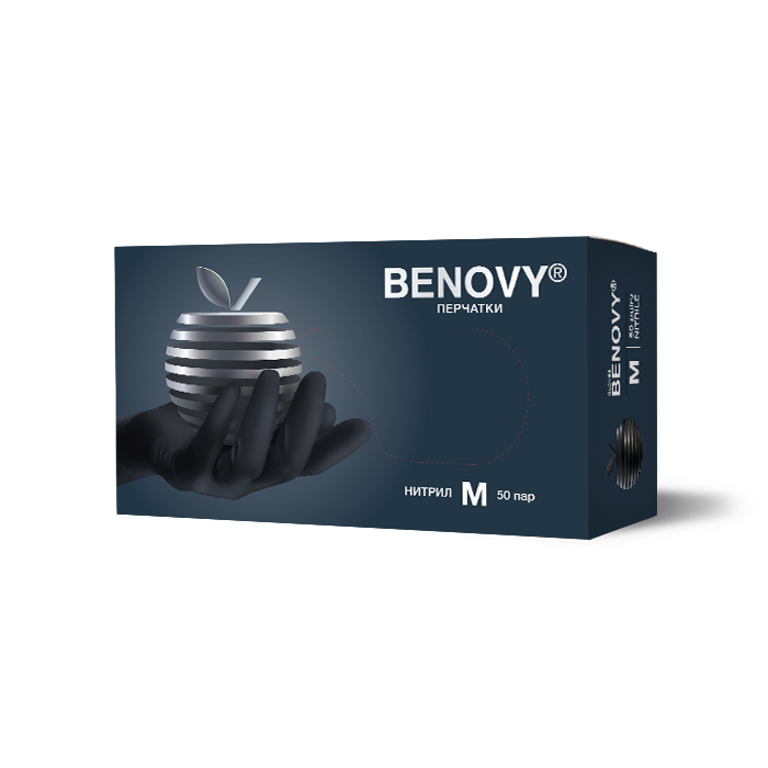 Перчатки нитриловые "M" BENOVY, нестерильные, уп.100 шт. (50 пар) ЧЕРНЫЕ