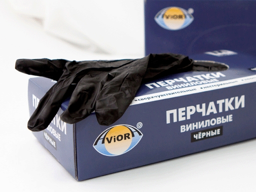 "Перчатки виниловые, ЧЕРНЫЕ, н/о, одноразовые, размер XL, 100 шт/уп, AVIORA