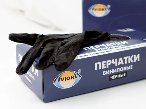 "Перчатки виниловые, ЧЕРНЫЕ, н/о, одноразовые, размер XL, 100 шт/уп, AVIORA