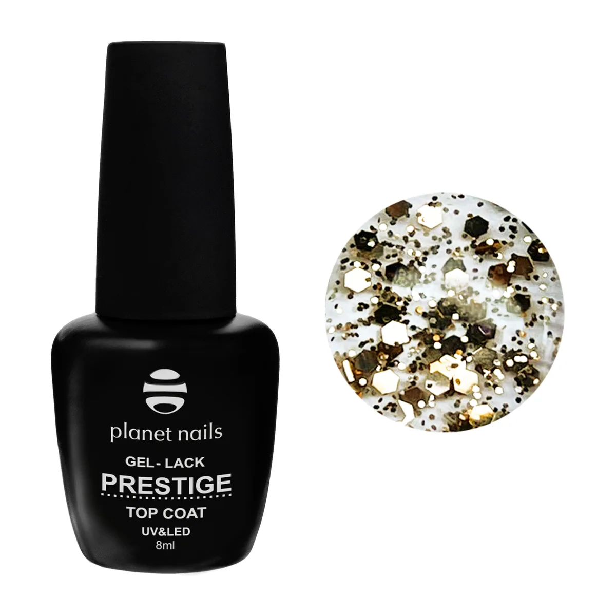 Гель-лак Planet Nails, "PRESTIGE" - GLOSSY TOP PARTY GOLD , без липкого слоя, 8мл
