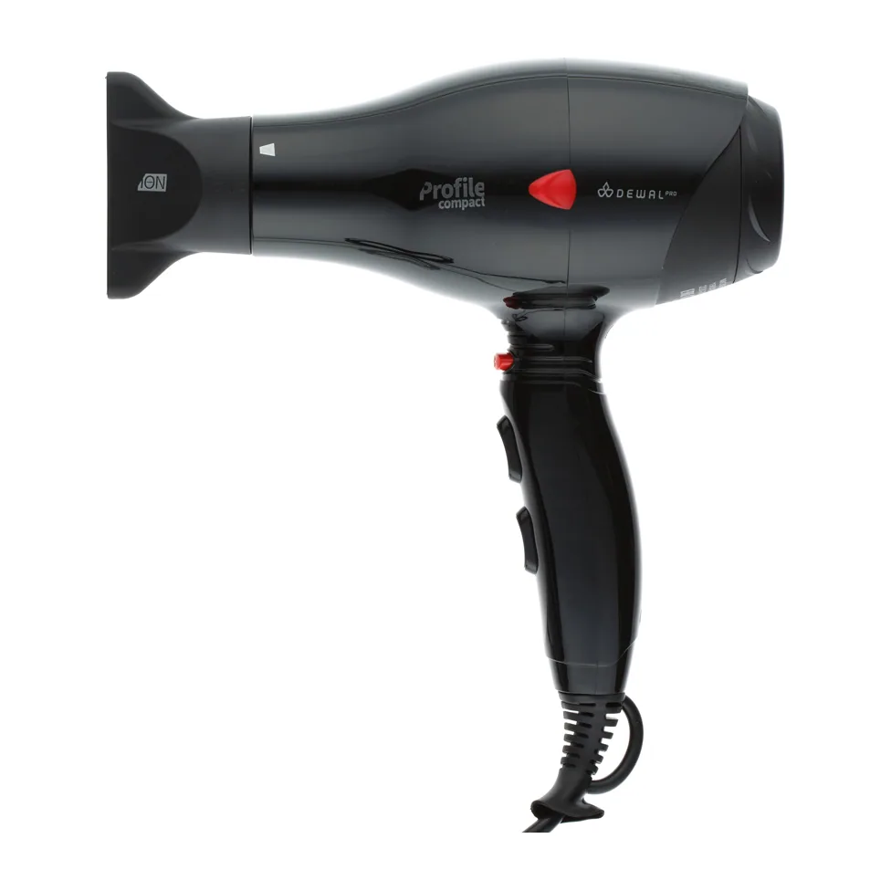 Фен DEWAL PRO PROFILE COMPACT, черный, 600гр, размер 19 см, 2000Вт, ионизац, 2 насадк, провод 2,8